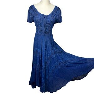 NWT VTG Blue Embroidered Lace-Up Maxi Dress Renaissance  Festival fairy sz M/L